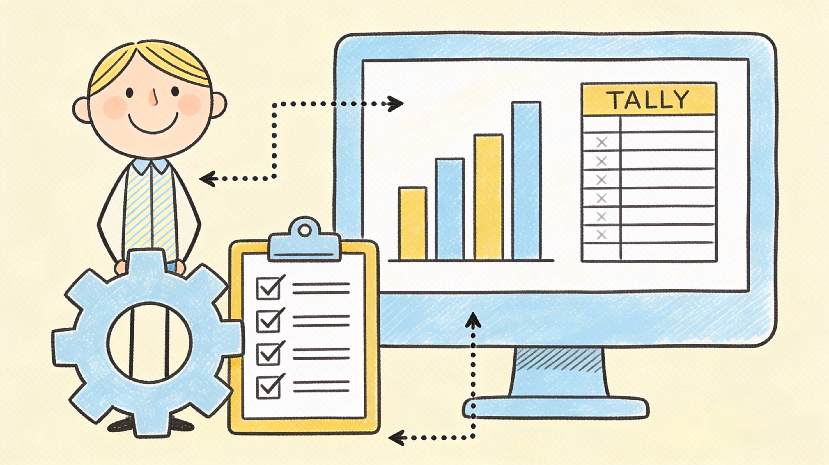 Doodle illustration of TallyPrime implementation consultant with gear, checklist and computer screen for UAE businesses