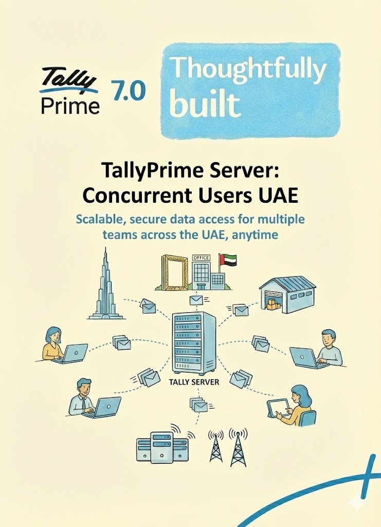 TallyPrime Server illustration showing multiple users connected to a central Tally server for UAE businesses