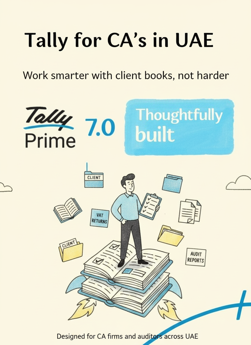 TallyPrime solutions poster for CA firms in UAE with doodle chartered accountant managing multiple client books