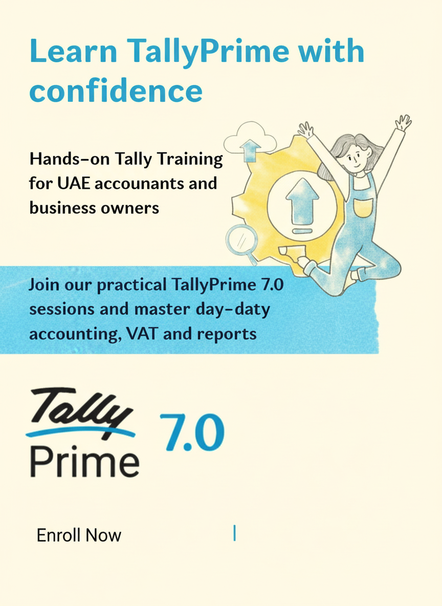 TallyPrime 7.0 Tally training banner showing trainer teaching UAE accountants with charts and laptop